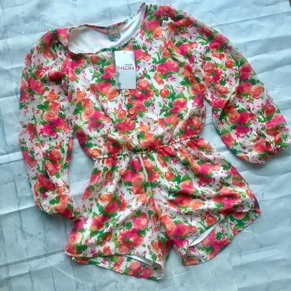 Sara Sara NEON Floral Shorts Romper Sheer Lined